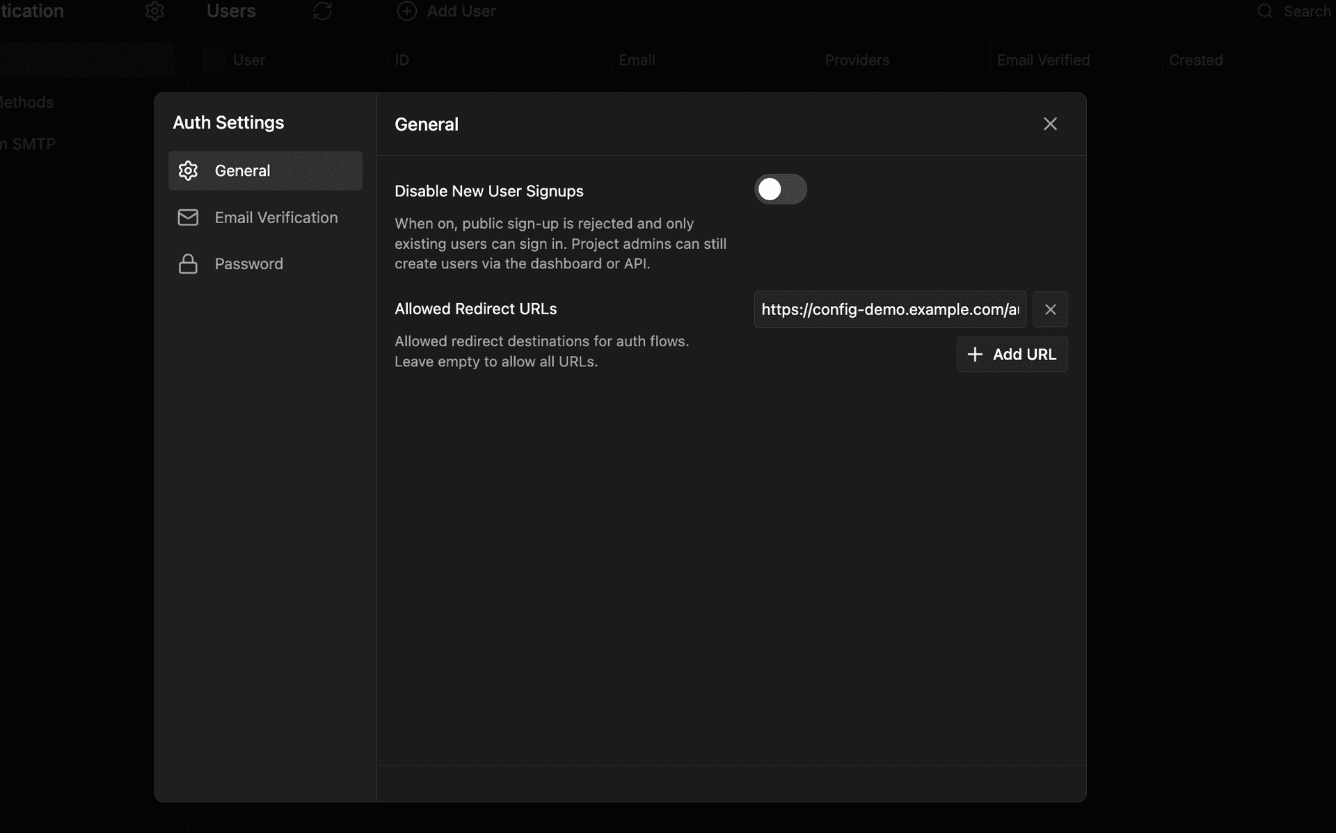 InsForge Auth Settings after: redirect URL added