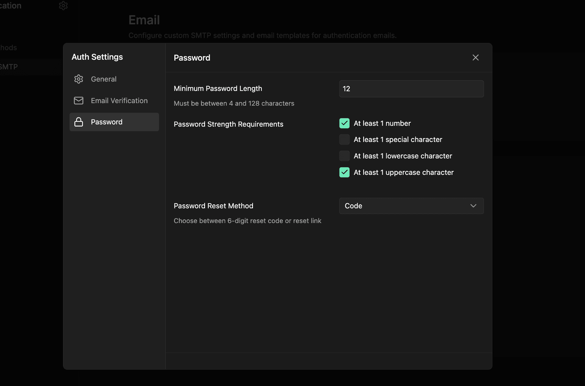InsForge Auth Settings after: minimum password length 12 with number and uppercase required