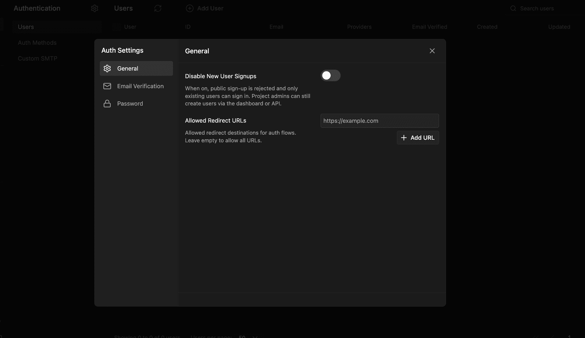 InsForge Auth Settings before: Allowed Redirect URLs empty
