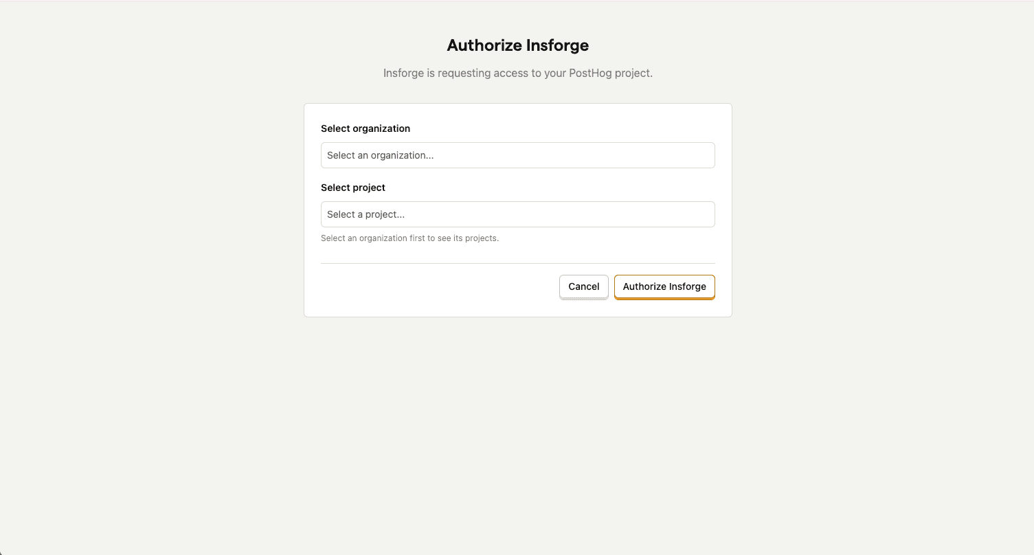 PostHog authorize screen requesting access for InsForge