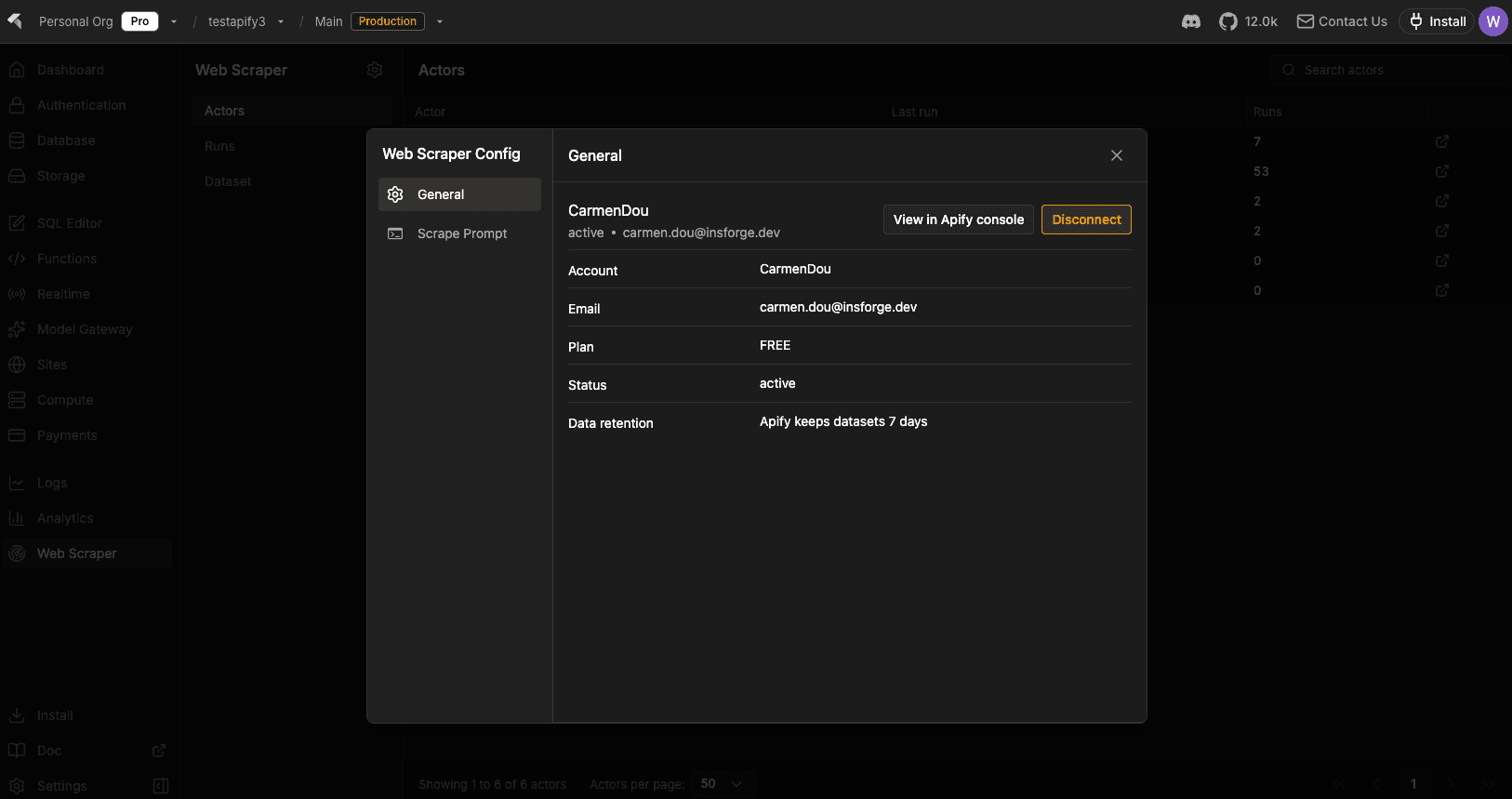 Web Scraper Config dialog opened from the settings gear, showing the connected Apify account, plan, status, and data retention