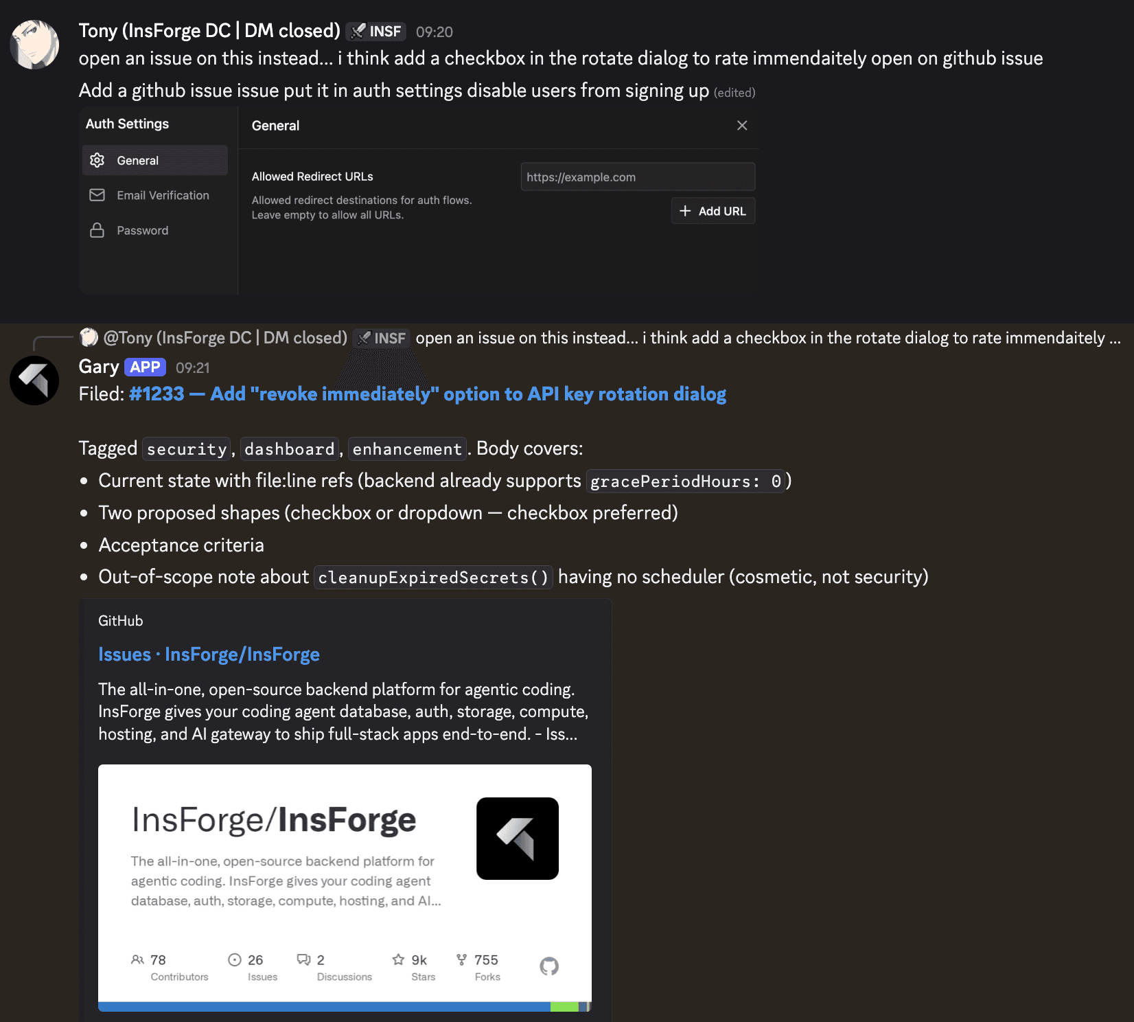 Discord channel showing a casual feature request from me, and the agent confirming it filed a tagged GitHub issue with current state, two proposed shapes, acceptance criteria, and an out-of-scope note