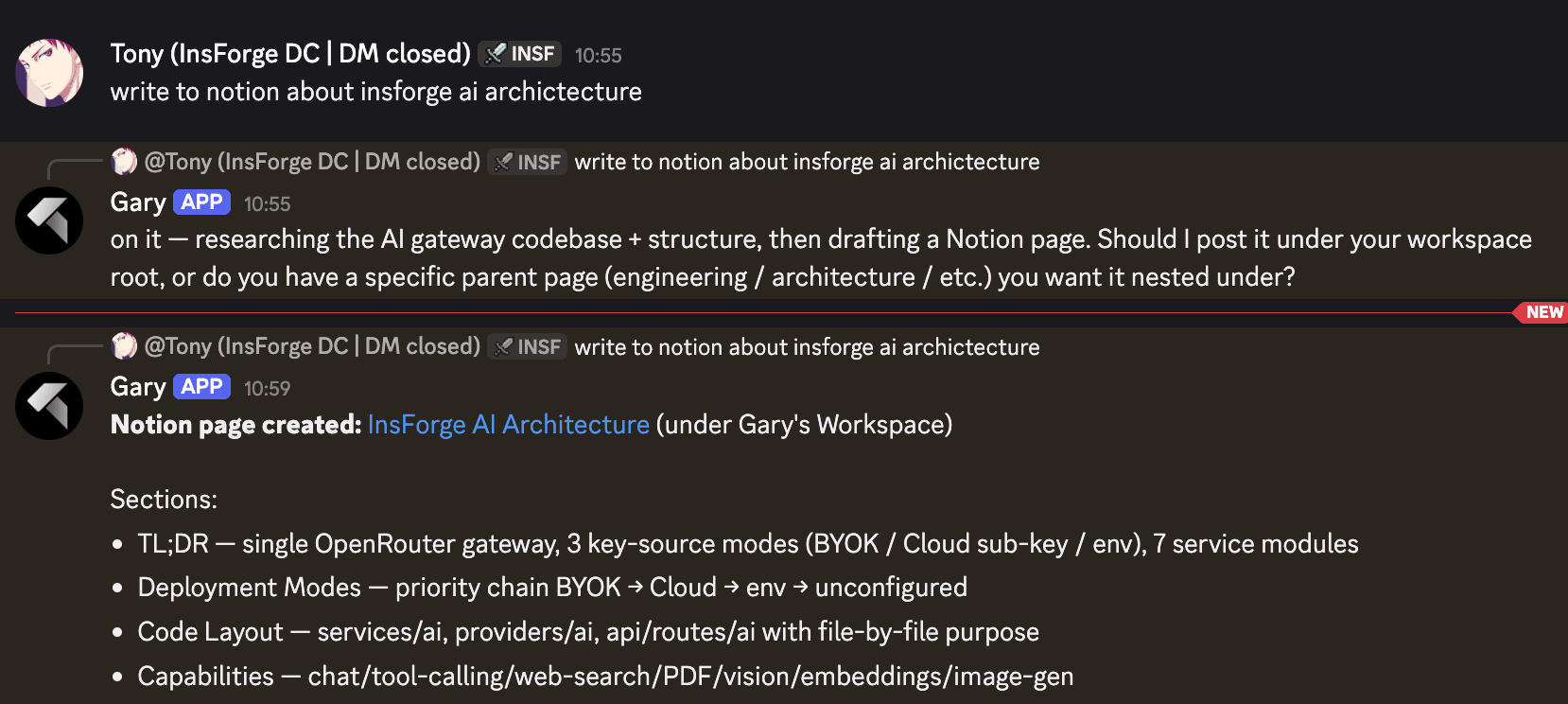 Discord channel showing a casual request to draft Notion docs about InsForge AI architecture. Agent asked where the page should live, then posted a Notion page with sections for TL;DR, Deployment Modes, Code Layout, and Capabilities
