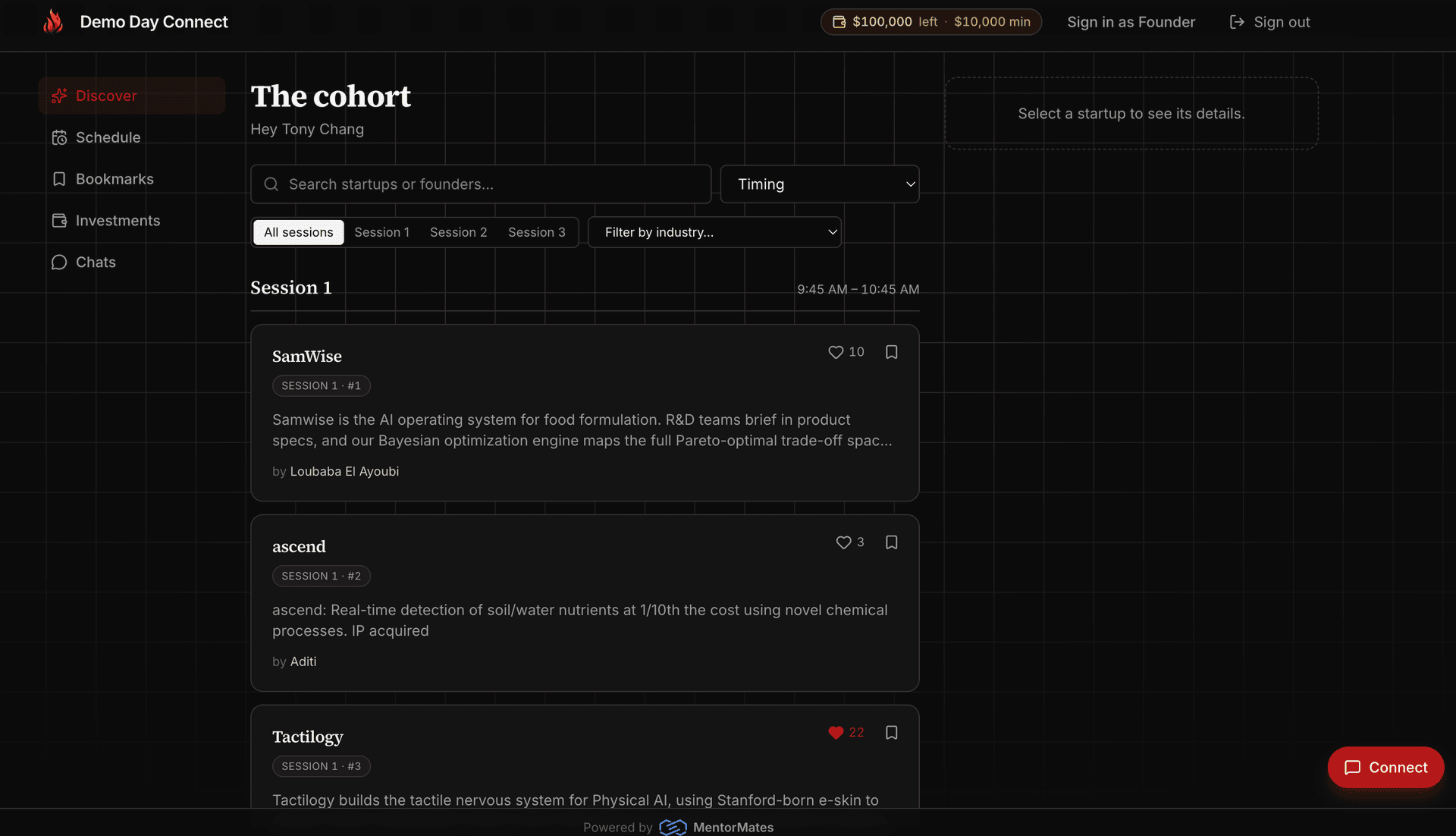 Demo Day Connect cohort view showing Stanford founder pitches, with a $100,000 game-money portfolio in the header