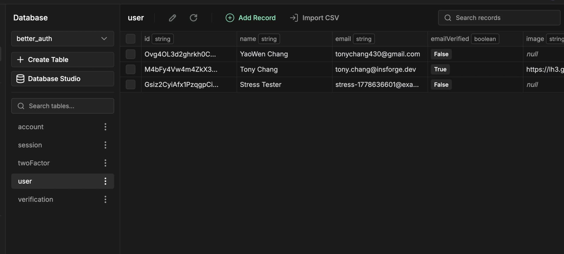 InsForge Studio with the better_auth schema selected, showing the user table populated with rows from sign-up